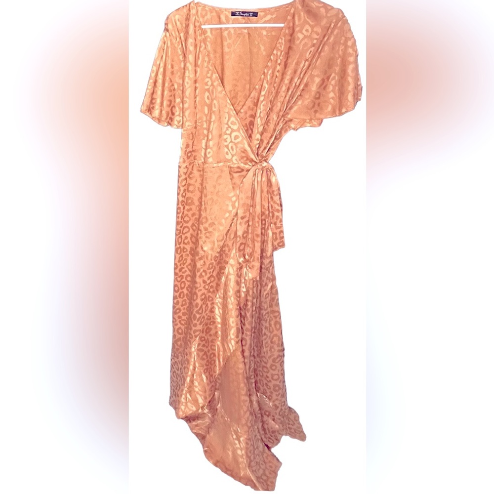 Gold Jacquard LeopardPrint Wrap Midi Dress